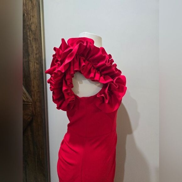 Xscape "Ivy" One Shoulder Ruffle Scuba Crepe Dress NWT Size 10 Red - Picture 5 of 6